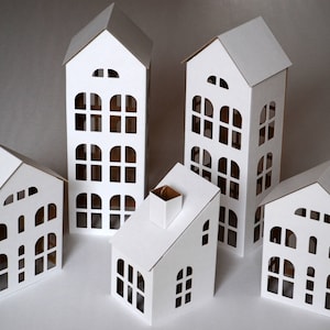 TALL HOUSES Cardboard DIY set. Ecological putz houses. Paper houses set for mindfullness, handicraft therapy, school/family projects image 1