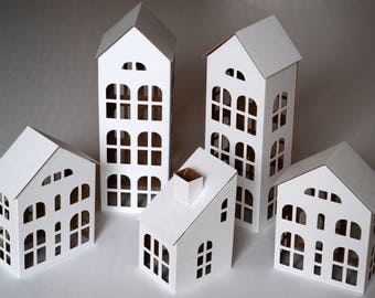 Pack of 5 DIY Putz style glitter houses. 6" - 11.8" tall unassembled corrugated cardboard houses. Make your own decorative house village