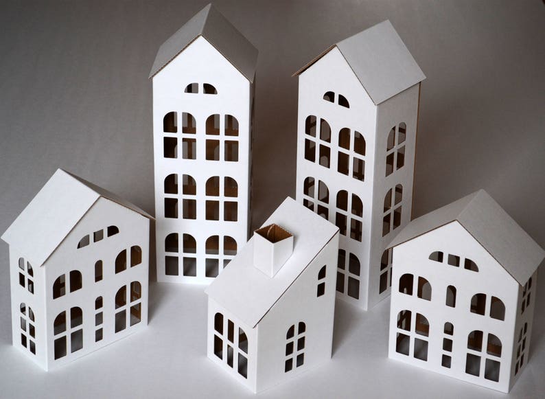 TALL HOUSES Cardboard DIY set. Ecological putz houses. Paper houses set for mindfullness, handicraft therapy, school/family projects image 1