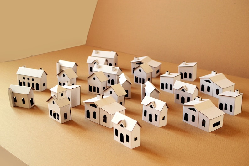24 LITTLE HOUSES Cardboard DIY set. Ecological putz houses. Paper houses set for mindfullness, handicraft therapy, school/family projects image 2
