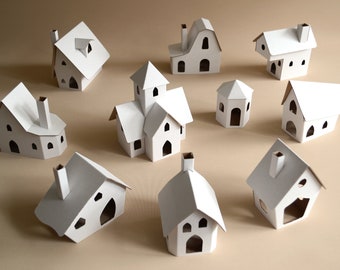 Pack of 10 DIY putz glitter style houses. Make your own decorative houses. Unassembled corrugated cardboard houses.