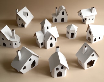 Pack of 10 DIY putz glitter style houses. Make your own decorative houses. Unassembled corrugated cardboard houses.