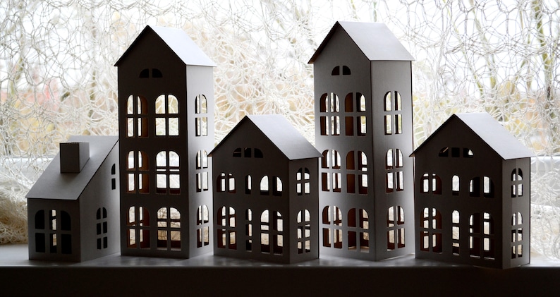 TALL HOUSES Cardboard DIY set. Ecological putz houses. Paper houses set for mindfullness, handicraft therapy, school/family projects image 2