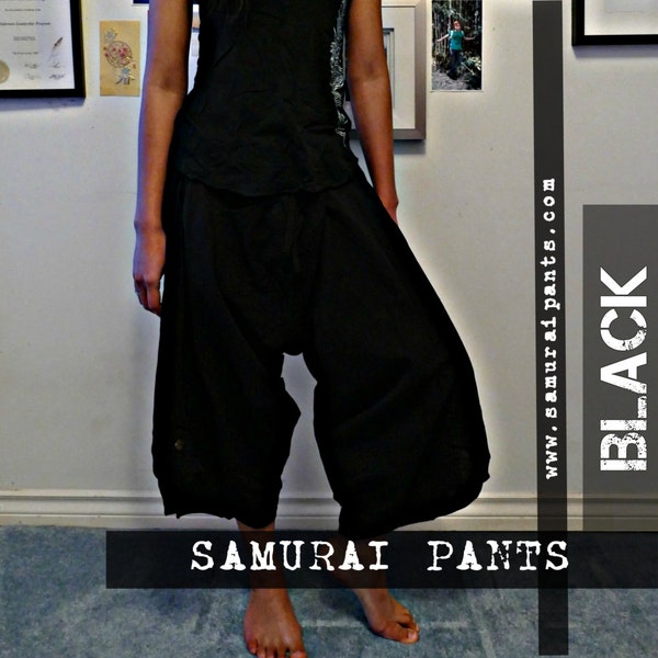 Classic Plain Black Elastic Waist Samurai Pants