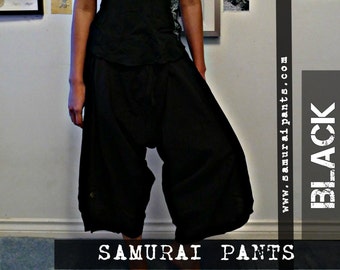 Classic Plain Black Elastic Waist Samurai Pants