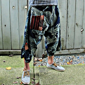 Indigo Sakura Wave Koi Fish Waist-tied Samurai Pants