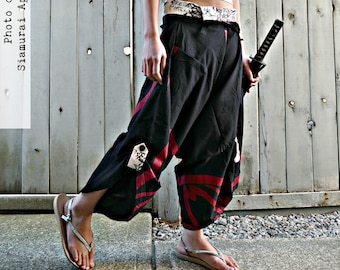 S-XXL Red Maroon Hana Crests Waist-tied Samurai Pants