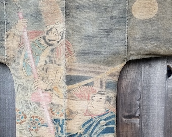 1900s Japanese Fireman Jacket Kimono Edo-Meiji Period Benkei Ushiwamaru Figure Reversible Noragi Hand Painting Hanten FM20291018N11