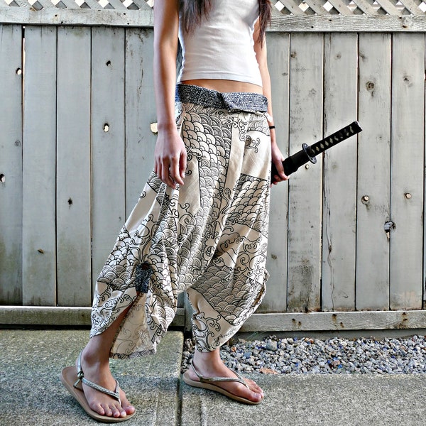 Samouraï (taille 26-36 pouces) Pantalon de samouraï blanc à deux vagues attaché à la taille - ceinture indigo