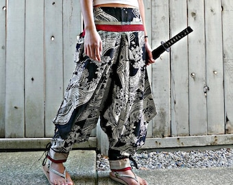 Waves Flower Koi (BLACK) Tribal Warrior Harem Pants