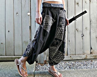 Two Waves (YINYANG BLACK) Samurai Pants - Indigo Waistband
