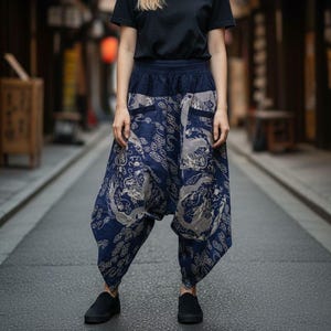 Navy Dragon Samurai Pants Elastic Waist image 1