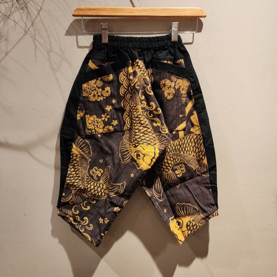 Kids Koi Fish Harem Pants: Brown Cotton Samurai Style (15-inch Inseam)
