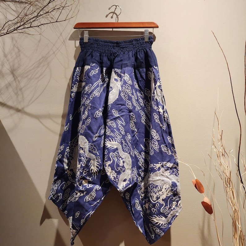 May include: Blue and white patterned pants with a dragon design. The pants have a wide leg and a loose fit.