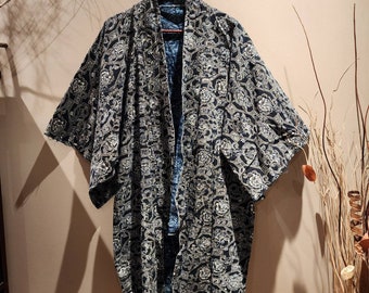 Vintage Indigo Boro Kimono, Katazome Yogi Nightwear