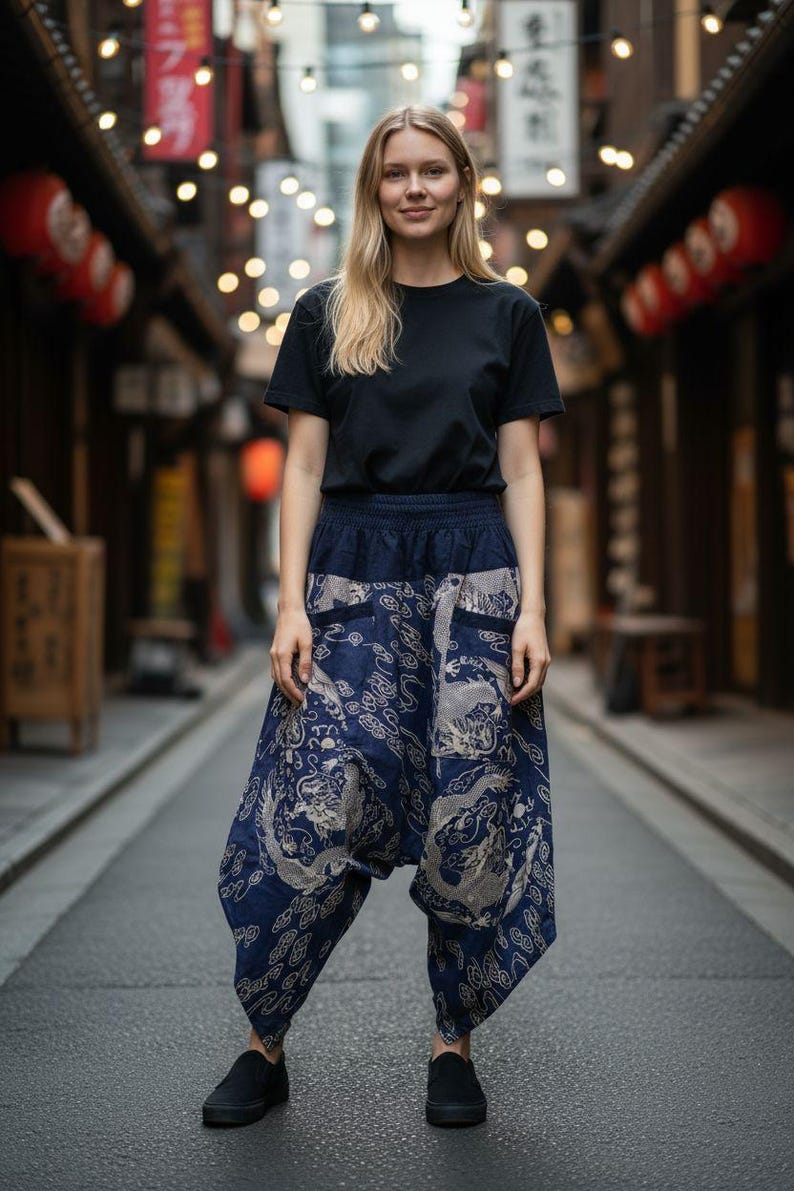 Navy Dragon Samurai Pants Elastic Waist image 1