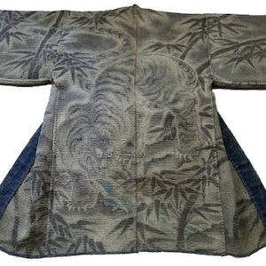 Antieke Edo-periode Sumi-e bamboe en tijger schilderij Hikeshi Sashiko Museum Grade Tsutsugaki brandweerman Hanten jas Tohaku Hasegawa