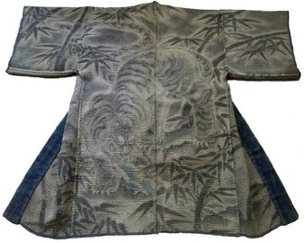 Antique Edo Period Sumi-e Bamboo and Tiger Painting Hikeshi Sashiko Museum Grade Tsutsugaki Fireman's Hanten Jacket Tohaku Hasegawa