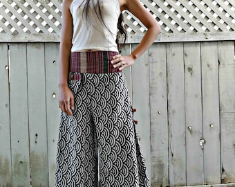 Traditional Sashiko Black Wide Leg Pants
