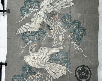 Antique Tsutsugaki Pine & Hawk Family Crest Tube Painting