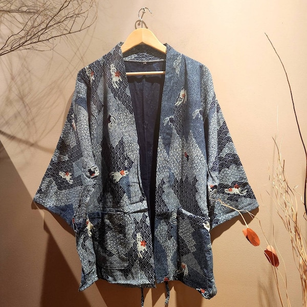 Dark Indigo Bunny Waves Noragi Kimono Régulier