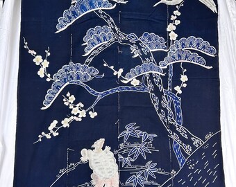 Antique Tsutsugaki Pine Tree & Crane Tube Painting