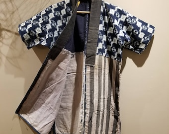 Indigo Kasuri Ikat Faded Noragi Workwear with Sashiko, Vintage Japanese Jacket