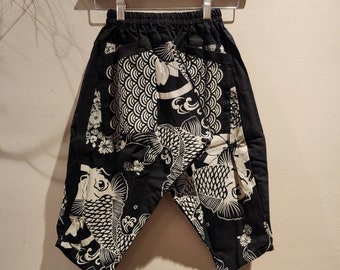 Kids samurai pants, Black Cute Koi - inseam 15 inches M size