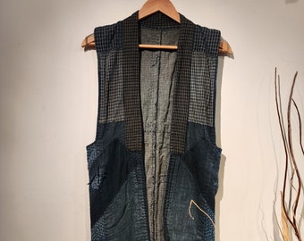 Vintage Japanese Indigo Boro Sashiko Patchwork Zanshi Farmer&#39;s Vest