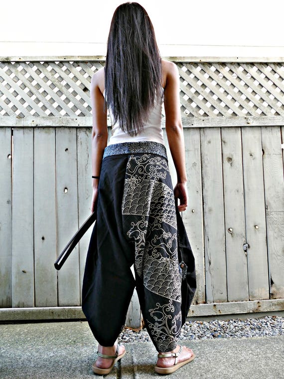 Two Waves (YINYANG BLACK) Samurai Pants - Indigo Waistband