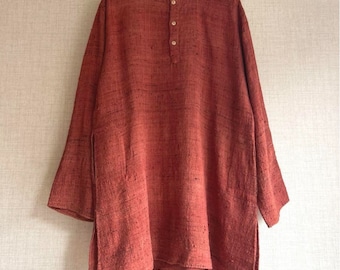 Handmade madder dyed wild silk silkworm cut and sewed tunic Japanese Vintage