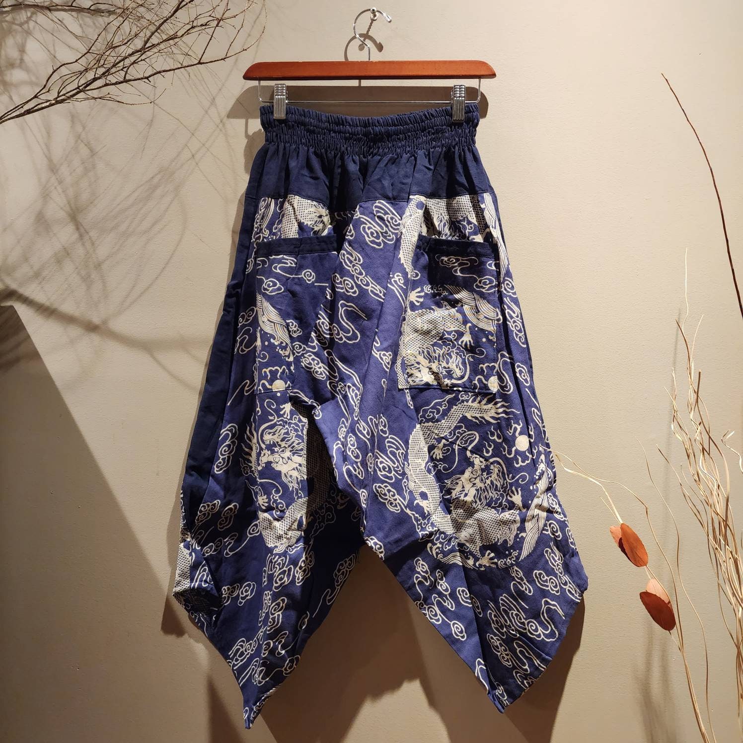 Navy Dragon Samurai Pants Elastic Waist