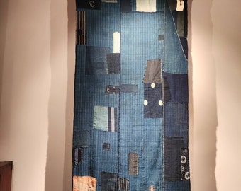 Vintage Indigo Japanese Boro Patchwork Sashiko Fabric with Safflower Patch 75 x 146cm
