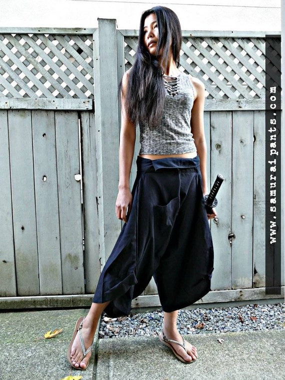 Classic Plain Black Waist Tied Samurai Pants 