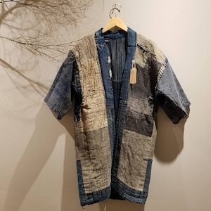 Edo-Meiji Era Japanese Antique Boro Aizome Indigo Shima Sashiko Patchwork Farmer's Jacket Reversible Noragi
