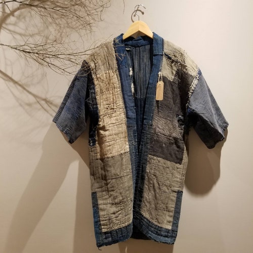 Edo-Meiji Era Japanese Antique Boro Aizome Indigo Shima Sashiko Patchwork Farmer's Jacket Reversible Noragi