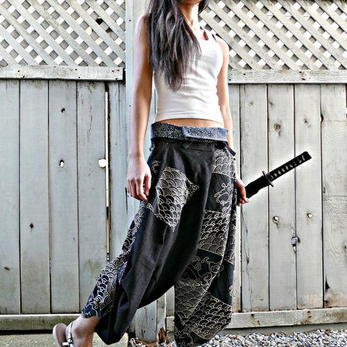 Pantalones samurái con cintura atada y dos olas YINYANG BLACK Cinturón índigo