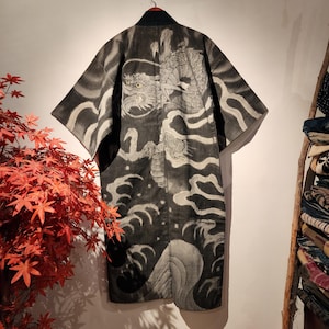 Vintage Japanese Fireman&#39;s Hanten Hand-painted illustration of Dragon, Clouds & Rough Waves with Sashiko Stitching