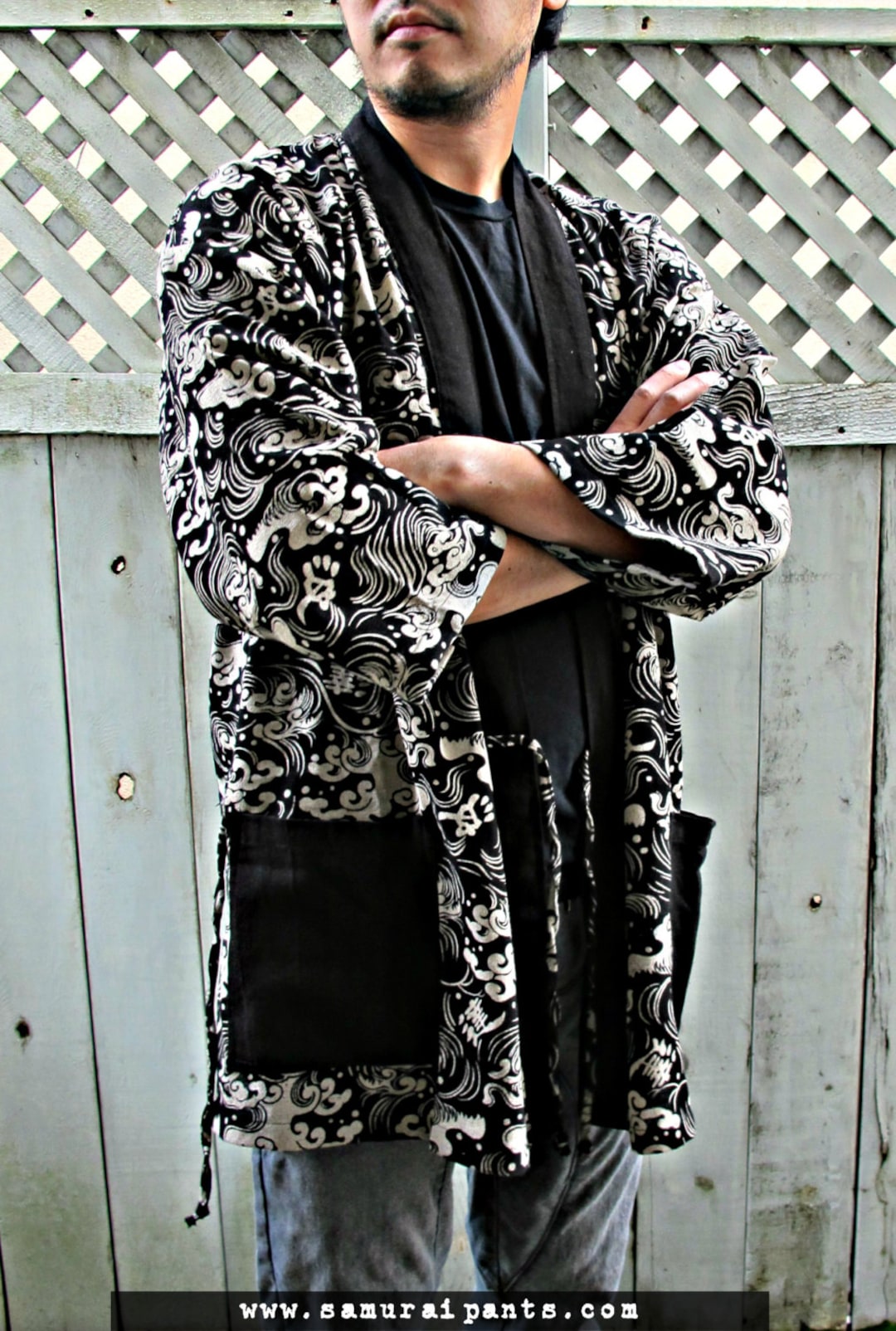 Ronin Ocean Waves Japanese Kimono Noragi With Pockets Hanten