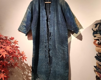 Antique Tsutsugaki Indigo Boro Sashiko Patchwork Long Noragi  