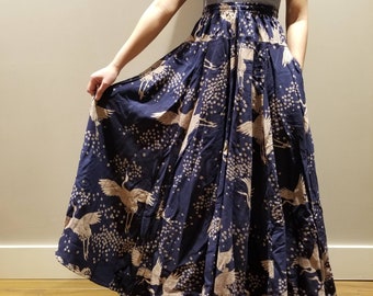 Navy Blue Crane Sakura 8 Panel Long Skirts