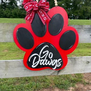 Go Dawgs Paw Print Door Hanger | Game Day Wreath Alternative | Red and Black Sports Sign