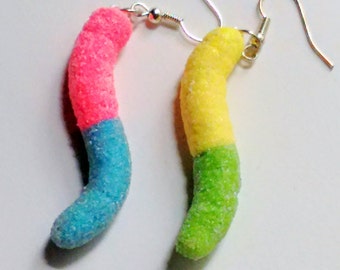 Sour Gummy Worms Earrings - Miniature Food Jewelry, Kid's Jewelry, Candy Jewelry, Inedible Jewelry, Kawaii Jewelry, Fake Food Jewelry