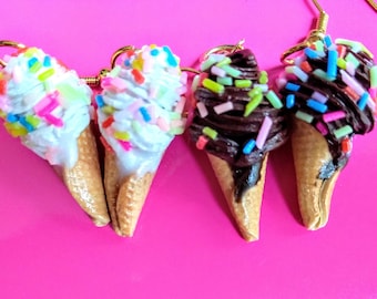 Ice Cream Cone Earrings, Miniature Food Jewelry, Inedible Jewelry, Kawaii Jewelry, Chocolate Ice Cream Jewelry, Dessert Jewelry, Fake Food