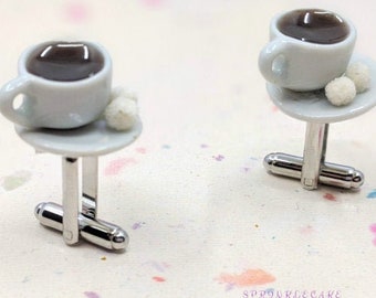 Black Coffee and Sugar Cuff Links, Miniature Food Jewelry - Coffee Jewelry - Inedible Jewelry, Cup of Coffee Cuff Links, Gifts for Dad, Food