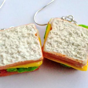 Pendientes de sándwich de jamón y queso - Joyería de alimentos en miniatura - Joyería no comestible - Pendientes de sándwich - Joyería de jamón, Joyería de comida falsa, Deli Food