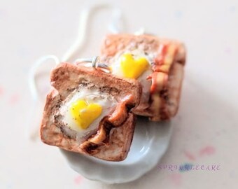 Eggs and Bacon on Toast Earrings, Miniature Food Jewelry, Inedible Jewelry, Breakfast Jewelry, Bacon Jewelry, Fried Eggs, Toast Earrings
