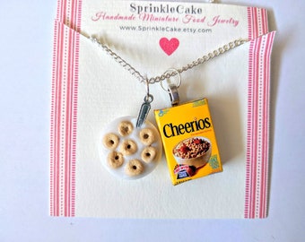 Kom met granenketting, miniatuur voedselsieraden, oneetbare sieraden, charme, ketting ontbijtgranen, ketting havergranen, ontbijtsieraden