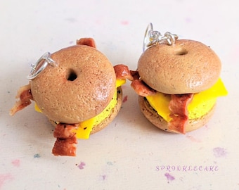 Bacon, Egg and Cheese Bagel Breakfast Sandwich Earrings - Miniature Food Jewelry - Bagel Earrings - Fake Food Jewelry, Inedible Jewelry