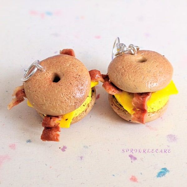 Bacon, Egg and Cheese Bagel Breakfast Sandwich Earrings - Miniature Food Jewelry - Bagel Earrings - Fake Food Jewelry, Inedible Jewelry